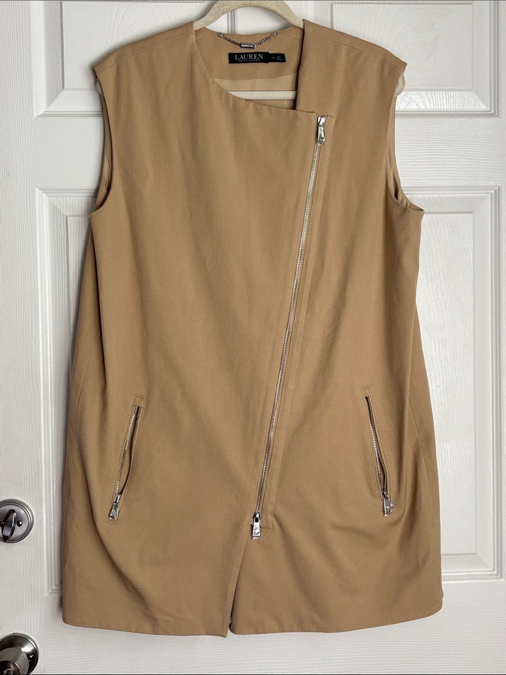 Lauren Ralph Lauren Sleeveless Asymmetric Zip Shift Dress in Camel Tan Size 14